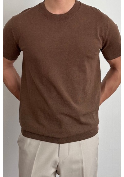 Tarz Cool Erkek Slim Fit Bisiklet Yaka Triko T-shirt Kahverengi
