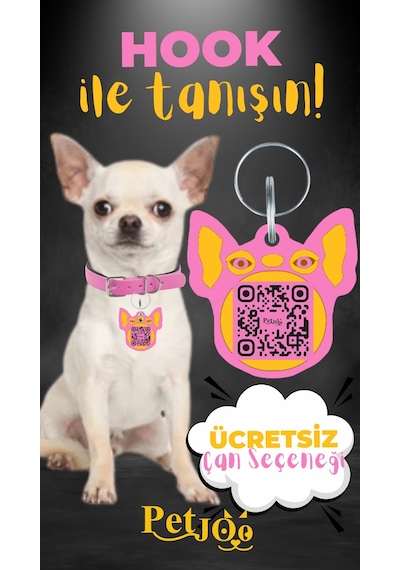 Petjoo 7.Hook Sarı-Pembe Qr'lı Köpek Künyesi