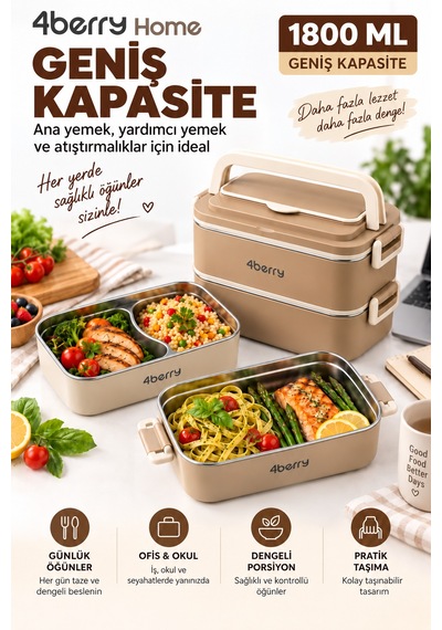 2 Katlı Yemek Termosu 3 Bölmeli 1800 Ml Taşınabilir Yemek Kabı, 304 Paslanmaz Çelik, Sızdırmaz, Isı Yalıtımlı, Kaşıklı Kahverengi