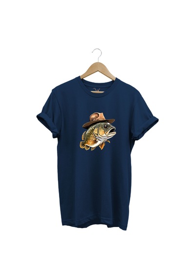 Avcılık Hunting Şapkalı Levrek Balığı Baskılı %100 Pamuk Regular Fit Bisiklet Yaka Lacivert T-shirt Lacivert