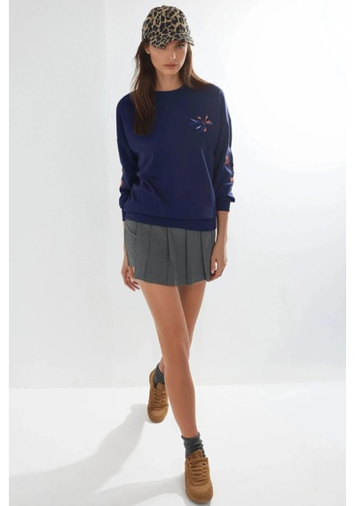Fiolin Modal Dokulu İşlemeli Bisiklet Yaka Sweatshirt Lacivert