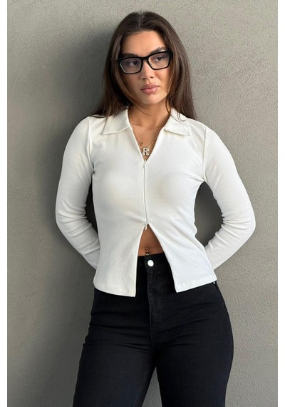 Beyaz Polo Yaka Çift Fermuarlı Slim Fit Kadın Body Mg2652 Beyaz