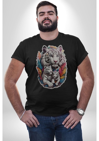 Siyah Kaplan Ailesi Renkli Tüyler Unisex Unisex Siyah Organik Baskılı T-shirt Penye Yüksek Kalite Siyah