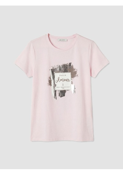 Lcw Everyday Pembe Bisiklet Yaka Paris Baskılı Kadın Tişört