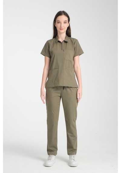 Üniforma Haki Renk Polo Yaka Unisex Likralı Ütü İstemeyen Doktor Hemşire Takım Scrubs Haki