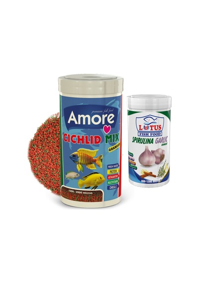 Cichlid Mix Granules 1000ml ve Spirulina Garlic 250ml Balık Yemi