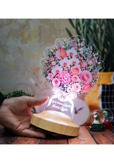 Premium Pudra Zarafet Buketi Led Lamba, Kadına Solmayan Çiçek Hediyesi, Işıklı Pudra Pembe Çiçek Buketi