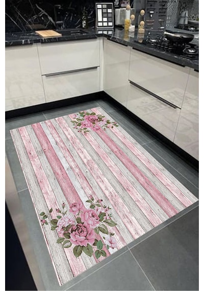 Dijital Baskılı Pembe Çiçek Desenli Dekoratif Yıkanabilir Kaymaz Taban Mutfak Halısı Çok Renkli
