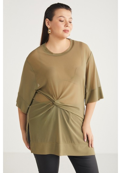 ETHIQUET YUKINBB Kadın Drape Detaylı Mesh Kumaşlı Yuvarlak Yaka Haki Büyük Beden Tunik