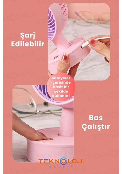 Masaüstü Mini Fan Vantilatör Teleskopik Ayarlanabilir Taşınabilir El Fanı Şarjlı 3 Kademe Soğutucu