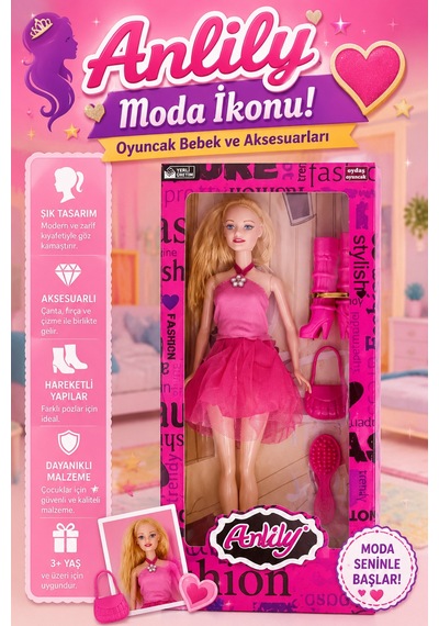 Anlily Moda İkonu Oyuncak Bebek Ve Aksesuarları 30 Cm Pembe Elbiseli Set