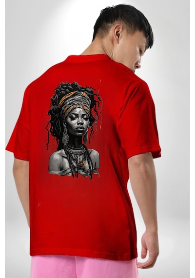 Afrikalı Kadın Sanat Siyahi Kırmızı Oversize Unisex Ön Ve Sırt Baskılı Tişört Kırmızı
