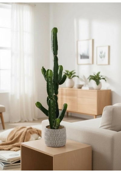 Yapay Kaktüs Euphorbia İngens Şamdan Ağacı Beton Saksıda Yapay Bitki 70cm Yeşil
