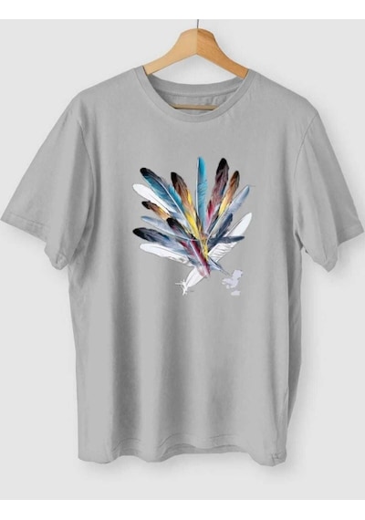 Kozia Outdoors Malkoçbey Renkli Tüy Baskılı T-shirt Gri
