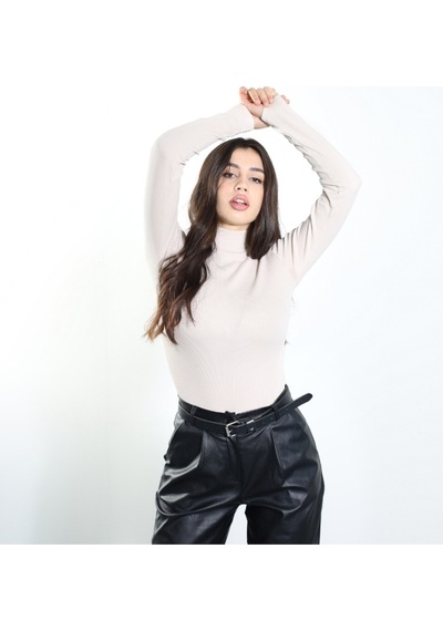 Alya Underwear Kaşkorse Yarım Boğaz Body Sweatshirt, Fitilli Kumaş, Likralı, Bordo Bej Kemik