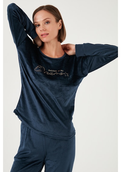 Lela Standart Fit Bisiklet Yaka Yumuşak Kadife Bayan Pijama Takımı 6094202 Lacivert