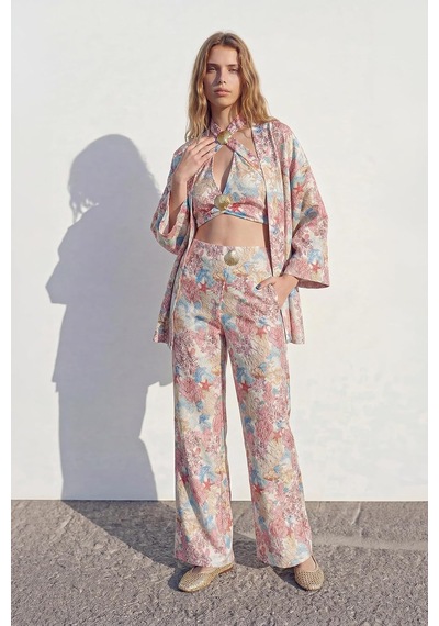 Çiçek Desenli Kısa Kimono Pembe Altın - Siyah