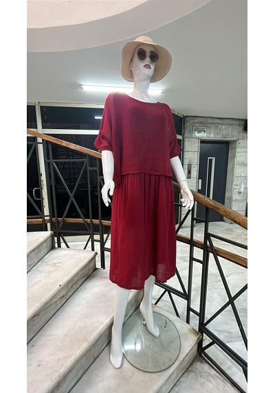 Eren Style İtalyan Müslin Keteni Üstü File Bluzlu Astarlı Tek Parça Elbise-9256 Bordo