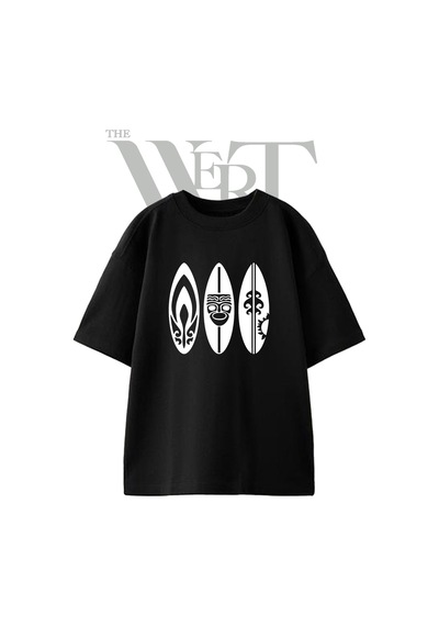 Thewert Surfboard Tiki Tasarım Baskılı Ünisex Siyah Oversize T-shirt