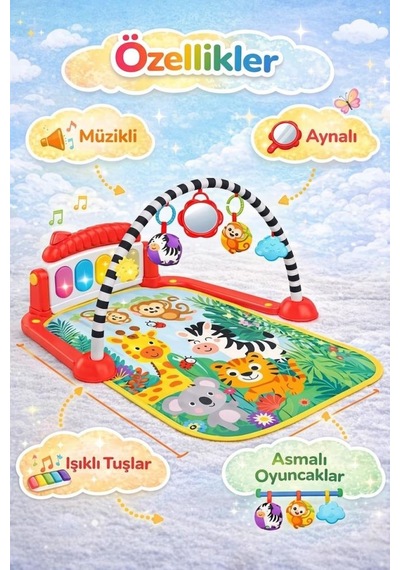 Safari Temalı 4'ü 1 Arada Müzikli Işıklı Sesli Piyanolu Oyuncaklı Aksesuarlı Eğitici Oyuncak Halı