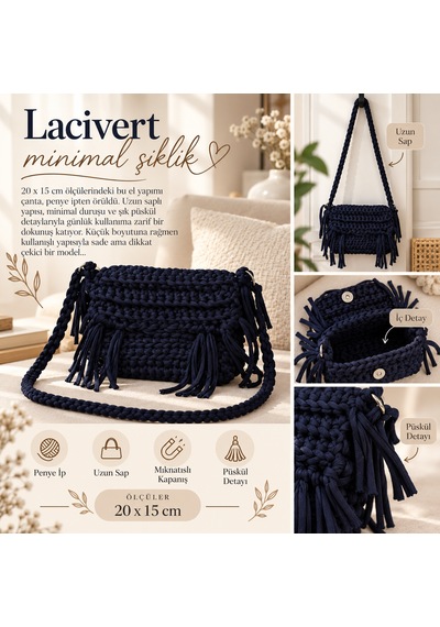 Lacivert Püsküllü Minimal Penye Çanta