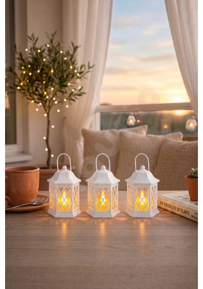 Balkon Süsü Mini Fener / 3 Lü Dekoratif Led Mumluk Seti