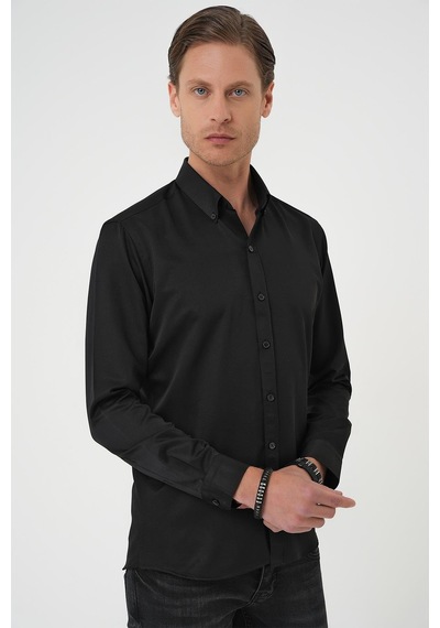 Efor Slim Fit Düğmeli Yaka Pamuklu Klasik Siyah Gömlek Gk 736 Siyah