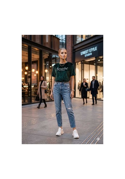 Maşuka Kadife Kumaş Yazlık Kadın T-shirt Tişört Zümrüt Yeşili Zümrüt Yeşili