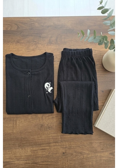 Aura Collections Kadın Ayıcık Desenli Bambu Viskon Kısa Kollu Soft Örme Pijama Takımı Siyah