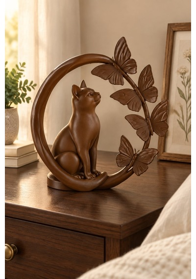Kelebeklerle Çevrili Zarif Kedi Figürlü Dekoratif Biblo 85987275