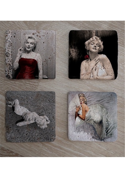 Marilyn Monroe Fotoğrafları Doğal Taş Bardak Altlığı 4'lü Set - Natural Stone Coasters-174205 Çok Renkli