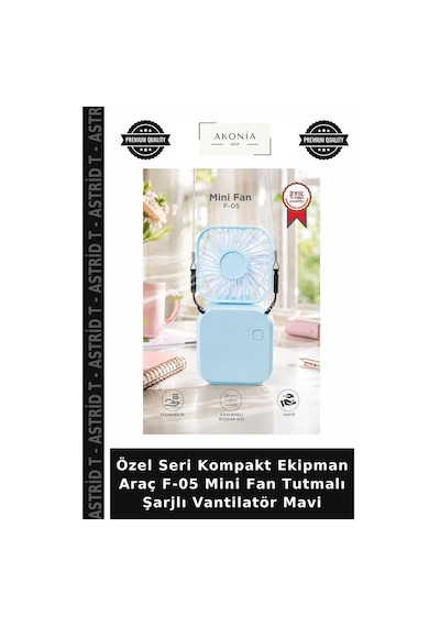 Özel Seri Kompakt Ekipman Araç F-05 Mini Fan Tutmalı Şarjlı Vantilatör Mavi