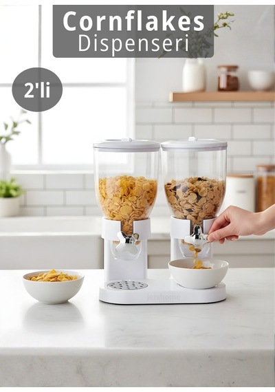 2 Li Cornflakes Dispenseri 7 L Çift Hazneli Müsli Granola Kuruyemiş Kahvaltı Tahılları Sunum Aparatı Beyaz