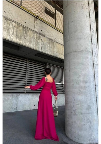 Lior Design Kadın Bohem Saten Kumaş Kare Yaka Maxi Abiye Elbise Fuşya