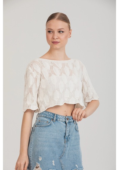 Maximodena Zarif Ajurlu Dokulu Beyaz Crop Triko Bluz Standart Beden - Beyaz