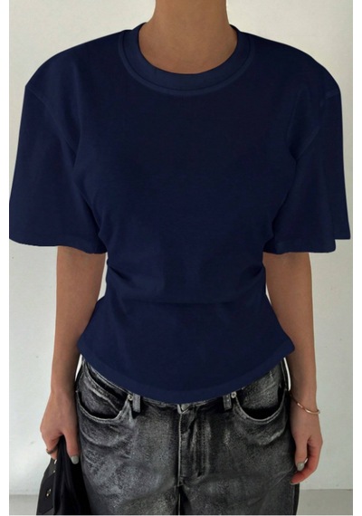 Kadın Lacivert Kısa Kollu Sırt Dekolteli Slim Fit Bluz/t-shirt Lacivert