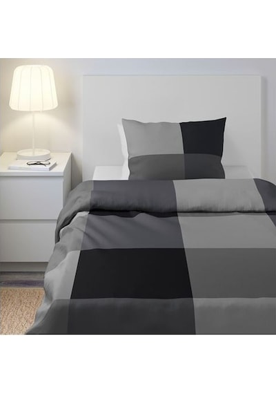 Tek Kişilik Nevresim Takımı, Siyah 150x200 Cm %100 Pamuk Siyah Kare Çizgi