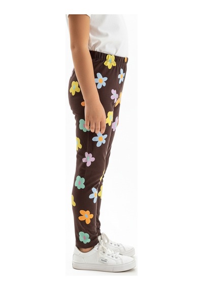 Toontoy Kids Toontoy Kız Çocuk Beli Lastikli Renkli Çiçek Baskılı Tayt 25029 Kahve