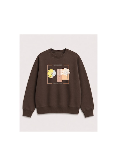 Herkesemoda Better Life Baskı Detaylı Bisiklet Yaka Şardonlu 2 İplik Sweatshirt Kahverengi
