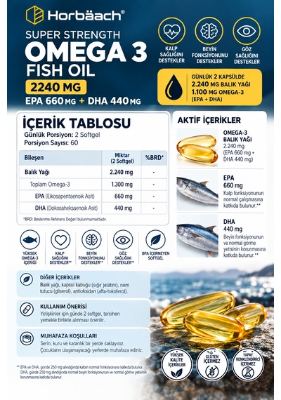 Horbäach Super Strength Omega 3 Balık Yağı 2240 Mg 120 Yumuşak Kapsül