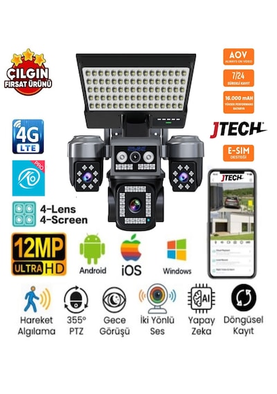 O-kam Ok-334 Premium 4g 12mp 4g Sim Kartlı Solar Panelli Projektör Lambalı 4lens 1ptz Akıllı Kamera