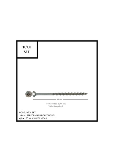 Dübel-vida Seti, Performans Roket Dübel 10 Mm, 6,0x100 Yhb Sunta Vidası, 10 Adet