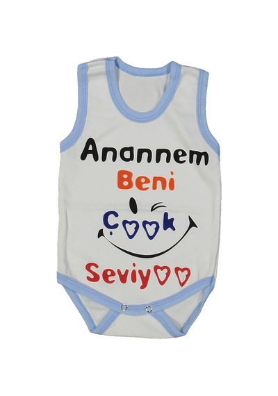 Bebegen Unısex Beyaz Mavi Biyeli Anaannem Beni Seviyor Yazılı Askılı Zıbın