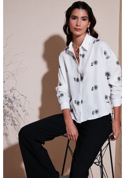 Lela Çiçekli Regular Fit Bayan Gömlek 67044532S4 Beyaz