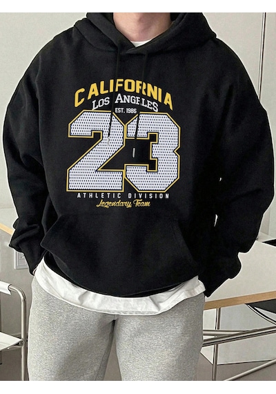 Tarzsokak California Athletic Division Number 23 Baskılı Hoody Erkek Sokak Stili Yumuşak Sweatshirtler Siyah