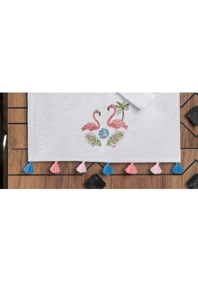 Flamingo Nakışlı Püsküllü 3'lü El Ve Yüz Havlusu Beyaz