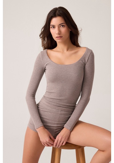 Los Ojos X Ece Vizon Modal Kumaşlı Uzun Kollu Şortlu Pijama Takımı Ribbed Pj Vizon Vizon