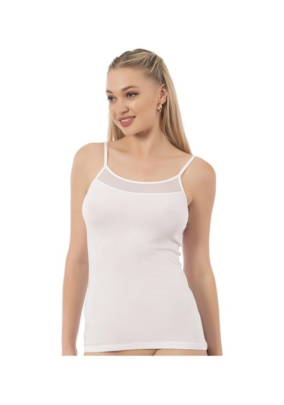 Özkan Underwear Özkan 26819 Kadın Pamuklu Modal Tül Detaylı İnce Askılı Atlet Beyaz