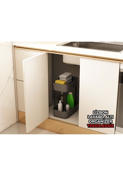 Lizbon Çok Amaçlı 2 Katlı Banyo Organizer Düzenleyici Dolap Içi Tezgah Altı Tekerleksiz Organizer Gri