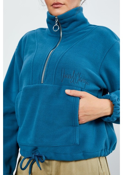 Tommy Life Zümrüt Yarım Fermuar Etek Ucu Büzgülü Kadın Polar Oversize Sweatshirt - 97171 Zümrüt Yeşili
